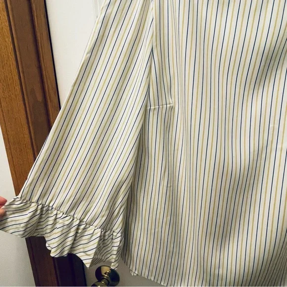 Massimo Dutti Striped Blouse Ruffle Sleeves in Chartreuse White and Blue Size 6 - Picture 7 of 7